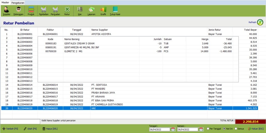 Tampilan Menu Retur Pembelian