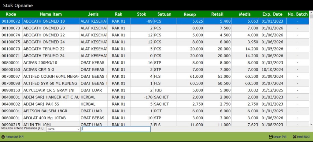 Tampilan Menu Stok Opname