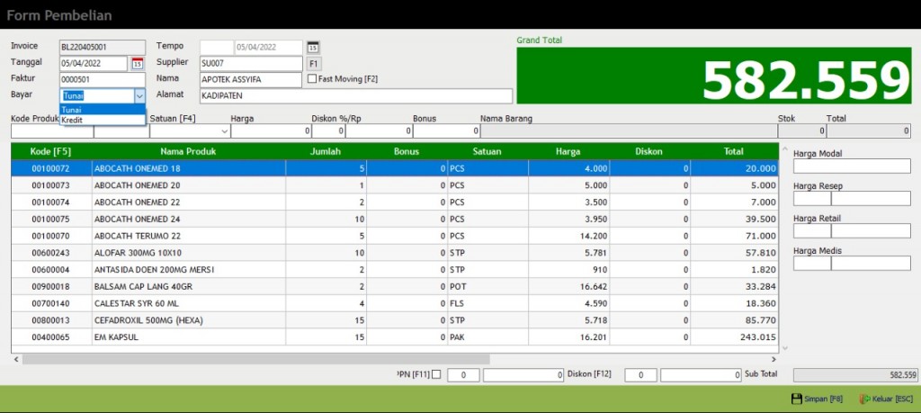 Tampilan Menu Pembelian