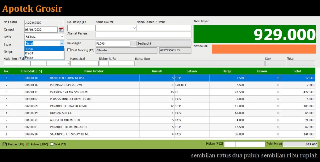 Tampilan Menu Penjualan